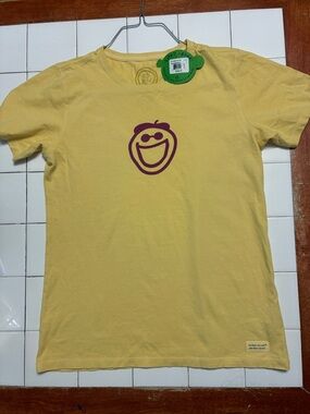 Life Is Good Yellow Tee with Purple Smiley Graphic Jake Face